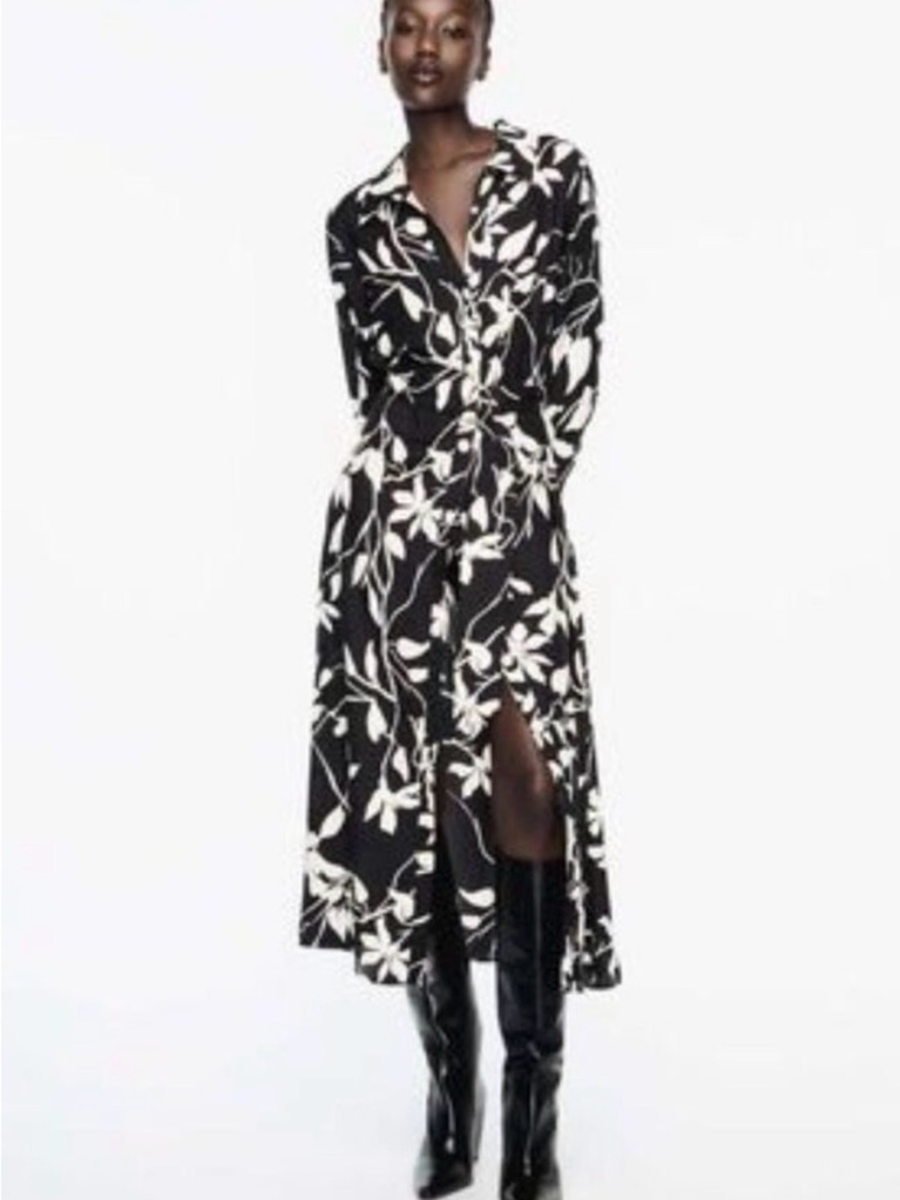 NWT Zara Black & White Floral Midi Shirt Dress